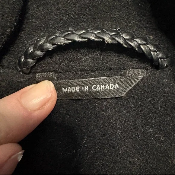 Mackage Wool Cashmere Coat Black Leather Trim Removable Collar Hood Size L - Picture 11 of 15